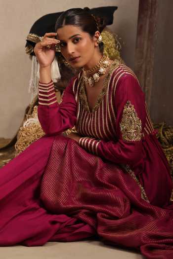Shop Aurouss Purple Chanderi V-neck Gulnaar Embroidered Anarkali Sharara Set Online at Aza Fashions Shop_Aurouss_Purple Chanderi V-neck Gulnaar Embroidered Anarkali Sharara Set _Online_at_Aza_Fashions