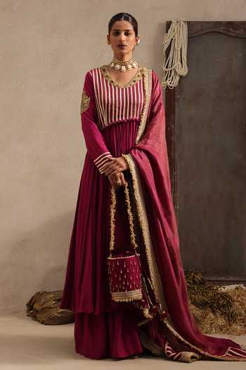 Aurouss Purple Chanderi V-neck Gulnaar Embroidered Anarkali Sharara Set at Aza Fashions Aurouss_Purple Chanderi V-neck Gulnaar Embroidered Anarkali Sharara Set _at_Aza_Fashions