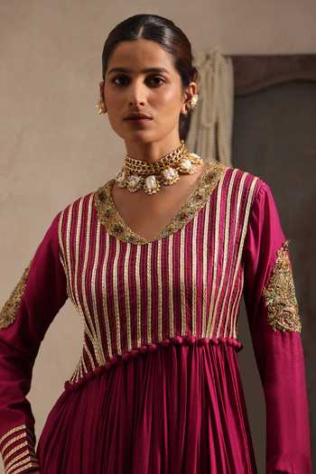Buy Aurouss Purple Chanderi V-neck Gulnaar Embroidered Anarkali Sharara Set Buy_Aurouss_Purple Chanderi V-neck Gulnaar Embroidered Anarkali Sharara Set