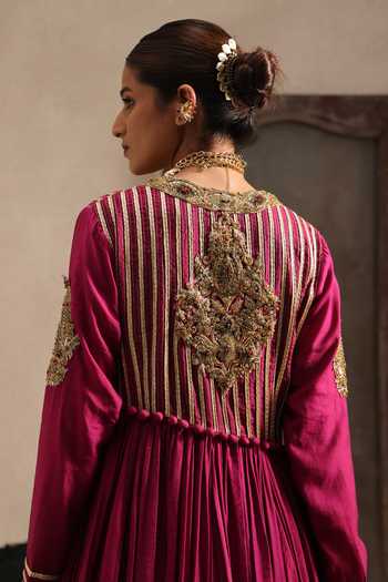 Shop Aurouss Purple Chanderi V-neck Gulnaar Embroidered Anarkali Sharara Set Shop_Aurouss_Purple Chanderi V-neck Gulnaar Embroidered Anarkali Sharara Set