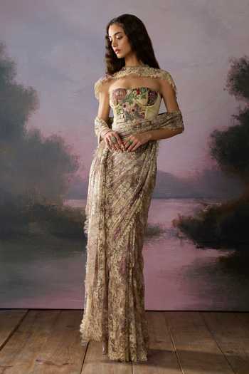 Falsa Yellow Crepe, Lace, Chantelle Moonveil Floral Pattern Saree Set With Cape Online at Aza Fashions Falsa_Yellow Crepe, Lace, Chantelle Moonveil Floral Pattern Saree Set With Cape _Online_at_Aza_Fashions
