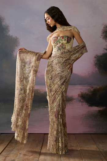 Shop Falsa Yellow Crepe, Lace, Chantelle Moonveil Floral Pattern Saree Set With Cape Online at Aza Fashions Shop_Falsa_Yellow Crepe, Lace, Chantelle Moonveil Floral Pattern Saree Set With Cape _Online_at_Aza_Fashions