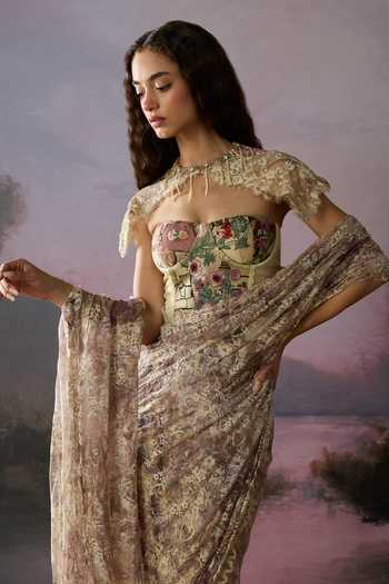 Falsa Yellow Crepe, Lace, Chantelle Moonveil Floral Pattern Saree Set With Cape at Aza Fashions Falsa_Yellow Crepe, Lace, Chantelle Moonveil Floral Pattern Saree Set With Cape _at_Aza_Fashions