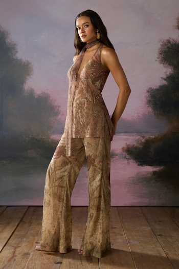 Falsa Beige Tulle, Lace, Chantelle Fringe Halter Floral Dusk Pattern Jacket Pant Set Online at Aza Fashions Falsa_Beige Tulle, Lace, Chantelle Fringe Halter Floral Dusk Pattern Jacket Pant Set _Online_at_Aza_Fashions