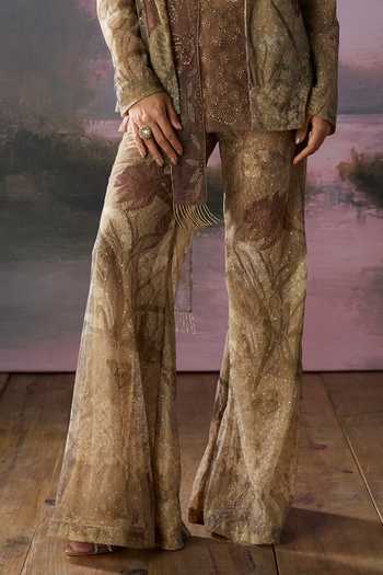 Falsa Beige Tulle, Lace, Chantelle Fringe Halter Floral Dusk Pattern Jacket Pant Set at Aza Fashions Falsa_Beige Tulle, Lace, Chantelle Fringe Halter Floral Dusk Pattern Jacket Pant Set _at_Aza_Fashions