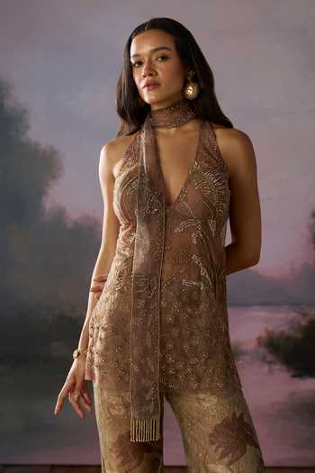 Shop Falsa Beige Tulle, Lace, Chantelle Fringe Halter Floral Dusk Pattern Jacket Pant Set Shop_Falsa_Beige Tulle, Lace, Chantelle Fringe Halter Floral Dusk Pattern Jacket Pant Set
