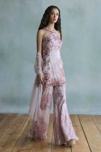 Falsa_Pink Crepe, Tulle, Chantelle Halter Neck Rosette Lace Top And Pant Set _Online_at_Aza_Fashions