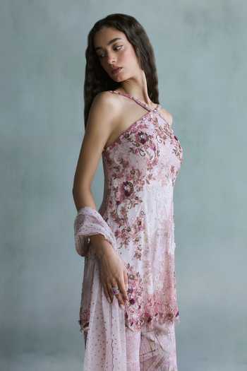 Buy_Falsa_Pink Crepe, Tulle, Chantelle Halter Neck Rosette Lace Top And Pant Set _Online_at_Aza_Fashions