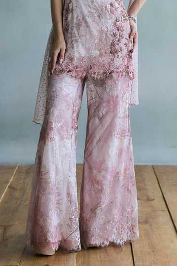 Shop_Falsa_Pink Crepe, Tulle, Chantelle Halter Neck Rosette Lace Top And Pant Set _Online_at_Aza_Fashions