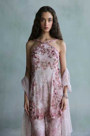 Falsa_Pink Crepe, Tulle, Chantelle Halter Neck Rosette Lace Top And Pant Set _at_Aza_Fashions