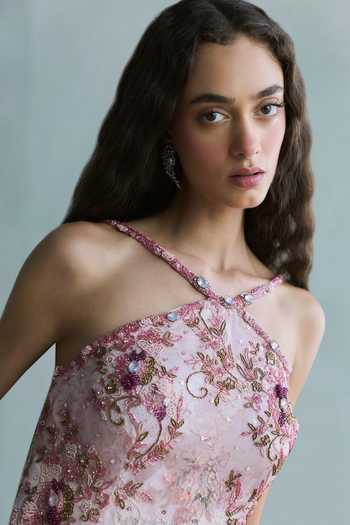 Buy_Falsa_Pink Crepe, Tulle, Chantelle Halter Neck Rosette Lace Top And Pant Set 