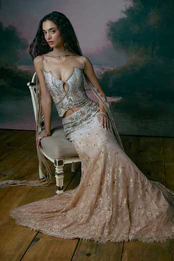 Shop Falsa Ivory Silk, Crepe, Tissue, Chantelle Sweetheart Neck Lune Silver Skirt Set Online at Aza Fashions Shop_Falsa_Ivory Silk, Crepe, Tissue, Chantelle Sweetheart Neck Lune Silver Skirt Set _Online_at_Aza_Fashions