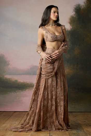 Falsa_Pink Chantelle, Crepe, Tulle Liora Embellished Pre-draped Saree With Blouse _Online_at_Aza_Fashions