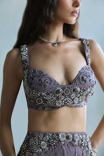 Buy Falsa Purple Organza, Crepe, Tissue, Velvet, Tulle, Violetta Embroidered Lehenga Set Online at Aza Fashions Buy_Falsa_Purple Organza, Crepe, Tissue, Velvet, Tulle, Violetta Embroidered Lehenga Set _Online_at_Aza_Fashions