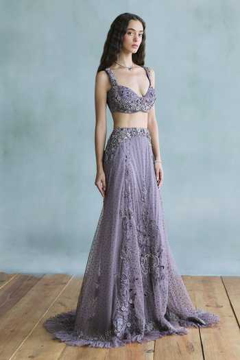 Shop Falsa Purple Organza, Crepe, Tissue, Velvet, Tulle, Violetta Embroidered Lehenga Set Online at Aza Fashions Shop_Falsa_Purple Organza, Crepe, Tissue, Velvet, Tulle, Violetta Embroidered Lehenga Set _Online_at_Aza_Fashions
