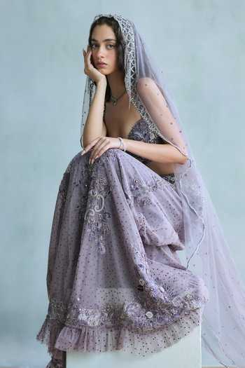 Falsa Purple Organza, Crepe, Tissue, Velvet, Tulle, Violetta Embroidered Lehenga Set at Aza Fashions Falsa_Purple Organza, Crepe, Tissue, Velvet, Tulle, Violetta Embroidered Lehenga Set _at_Aza_Fashions