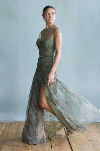 Falsa Green Chantelle, Crepe, Tulle Embroidery, Stones Sweetheart Willow Hand Gown Online at Aza Fashions Falsa_Green Chantelle, Crepe, Tulle Embroidery, Stones Sweetheart Willow Hand Gown _Online_at_Aza_Fashions