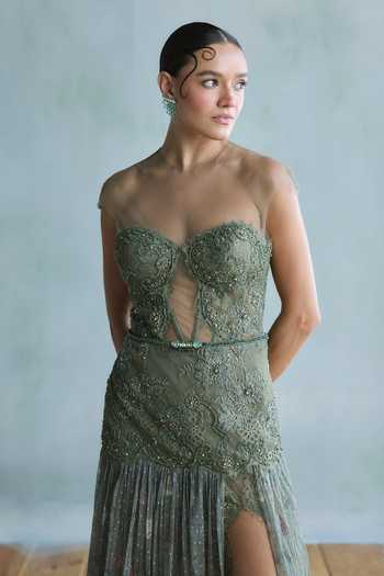 Shop Falsa Green Chantelle, Crepe, Tulle Embroidery, Stones Sweetheart Willow Hand Gown Online at Aza Fashions Shop_Falsa_Green Chantelle, Crepe, Tulle Embroidery, Stones Sweetheart Willow Hand Gown _Online_at_Aza_Fashions