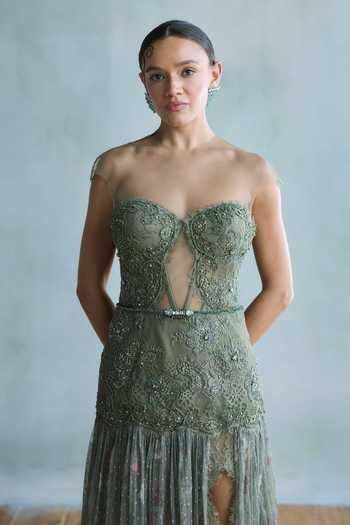 Falsa Green Chantelle, Crepe, Tulle Embroidery, Stones Sweetheart Willow Hand Gown at Aza Fashions Falsa_Green Chantelle, Crepe, Tulle Embroidery, Stones Sweetheart Willow Hand Gown _at_Aza_Fashions