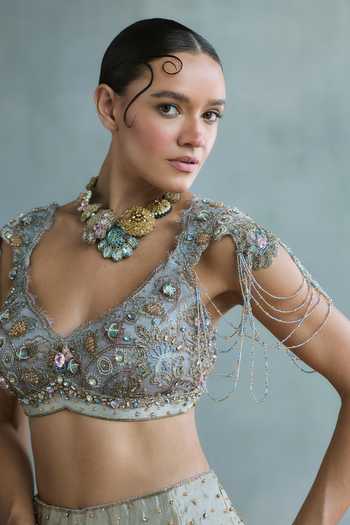 Falsa Blue Silk, Tissue, Chantelle, Shantoon, Celeste Pearl Embellished Lehenga Set Online at Aza Fashions Falsa_Blue Silk, Tissue, Chantelle, Shantoon, Celeste Pearl Embellished Lehenga Set _Online_at_Aza_Fashions