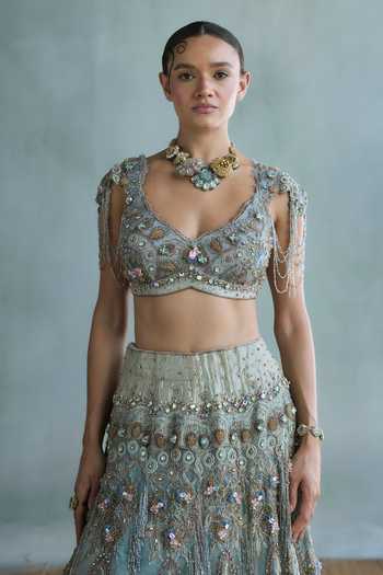 Shop Falsa Blue Silk, Tissue, Chantelle, Shantoon, Celeste Pearl Embellished Lehenga Set Online at Aza Fashions Shop_Falsa_Blue Silk, Tissue, Chantelle, Shantoon, Celeste Pearl Embellished Lehenga Set _Online_at_Aza_Fashions
