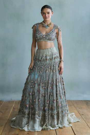 Falsa Blue Silk, Tissue, Chantelle, Shantoon, Celeste Pearl Embellished Lehenga Set at Aza Fashions Falsa_Blue Silk, Tissue, Chantelle, Shantoon, Celeste Pearl Embellished Lehenga Set _at_Aza_Fashions