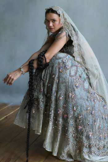 Buy Falsa Blue Silk, Tissue, Chantelle, Shantoon, Celeste Pearl Embellished Lehenga Set Buy_Falsa_Blue Silk, Tissue, Chantelle, Shantoon, Celeste Pearl Embellished Lehenga Set