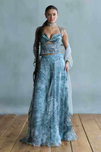 Falsa Blue Organza, Tulle, Shantoon Sweetheart Neck Serein Printed Top Sharara Set Online at Aza Fashions Falsa_Blue Organza, Tulle, Shantoon Sweetheart Neck Serein Printed Top Sharara Set _Online_at_Aza_Fashions