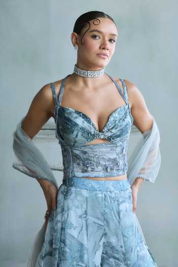 Buy Falsa Blue Organza, Tulle, Shantoon Sweetheart Neck Serein Printed Top Sharara Set Online at Aza Fashions Buy_Falsa_Blue Organza, Tulle, Shantoon Sweetheart Neck Serein Printed Top Sharara Set _Online_at_Aza_Fashions