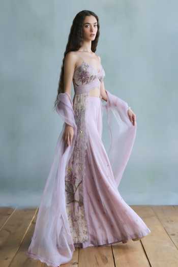 Falsa_Pink Silk, Cotton, Tissue, Shantoon, Alora Hand Embroidered Tunic Palazzo Set _Online_at_Aza_Fashions