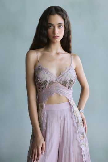 Shop_Falsa_Pink Silk, Cotton, Tissue, Shantoon, Alora Hand Embroidered Tunic Palazzo Set _Online_at_Aza_Fashions