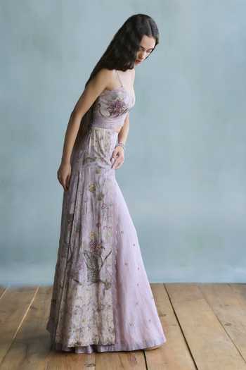 Falsa_Pink Silk, Cotton, Tissue, Shantoon, Alora Hand Embroidered Tunic Palazzo Set _at_Aza_Fashions