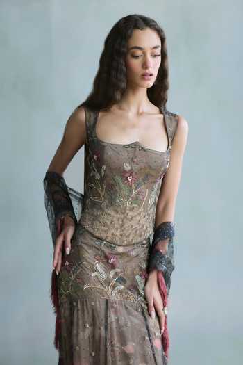 Falsa Brown Crepe, Tulle Embroidery, Sequins, Fringe Square Neck Jugnu Skirt Set Online at Aza Fashions Falsa_Brown Crepe, Tulle Embroidery, Sequins, Fringe Square Neck Jugnu Skirt Set _Online_at_Aza_Fashions