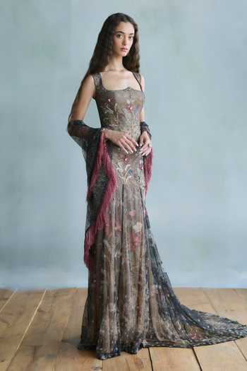 Buy Falsa Brown Crepe, Tulle Embroidery, Sequins, Fringe Square Neck Jugnu Skirt Set Online at Aza Fashions Buy_Falsa_Brown Crepe, Tulle Embroidery, Sequins, Fringe Square Neck Jugnu Skirt Set _Online_at_Aza_Fashions