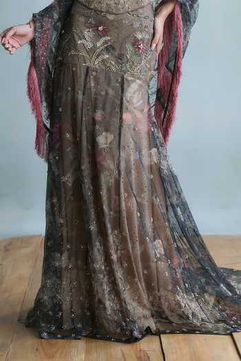Shop Falsa Brown Crepe, Tulle Embroidery, Sequins, Fringe Square Neck Jugnu Skirt Set Online at Aza Fashions Shop_Falsa_Brown Crepe, Tulle Embroidery, Sequins, Fringe Square Neck Jugnu Skirt Set _Online_at_Aza_Fashions