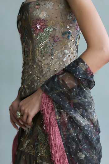 Falsa Brown Crepe, Tulle Embroidery, Sequins, Fringe Square Neck Jugnu Skirt Set at Aza Fashions Falsa_Brown Crepe, Tulle Embroidery, Sequins, Fringe Square Neck Jugnu Skirt Set _at_Aza_Fashions