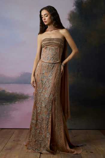 Falsa_Pink Crepe, Tulle, Chantelle Bandeau Neck Ember Embellished Corset Lehenga Set _Online_at_Aza_Fashions