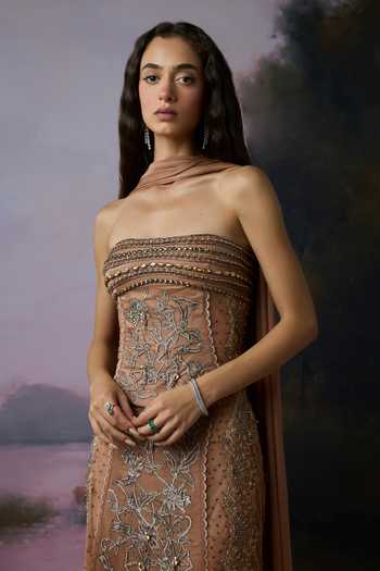 Buy_Falsa_Pink Crepe, Tulle, Chantelle Bandeau Neck Ember Embellished Corset Lehenga Set _Online_at_Aza_Fashions