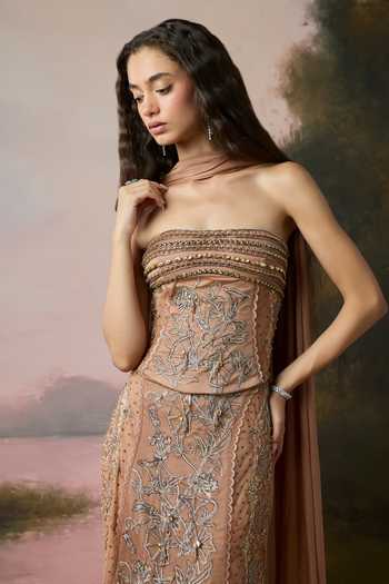 Shop_Falsa_Pink Crepe, Tulle, Chantelle Bandeau Neck Ember Embellished Corset Lehenga Set _Online_at_Aza_Fashions