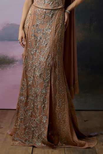 Falsa_Pink Crepe, Tulle, Chantelle Bandeau Neck Ember Embellished Corset Lehenga Set _at_Aza_Fashions