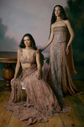 Buy_Falsa_Pink Crepe, Tulle, Chantelle Bandeau Neck Ember Embellished Corset Lehenga Set 