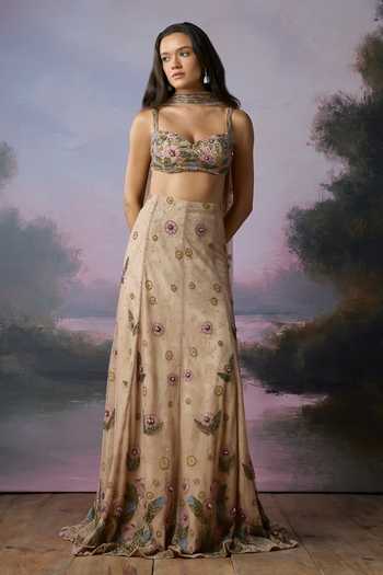Falsa_Pink Organza, Crepe, Tulle, Chantelle Blossom Floral Applique Work Lehenga Set _Online_at_Aza_Fashions