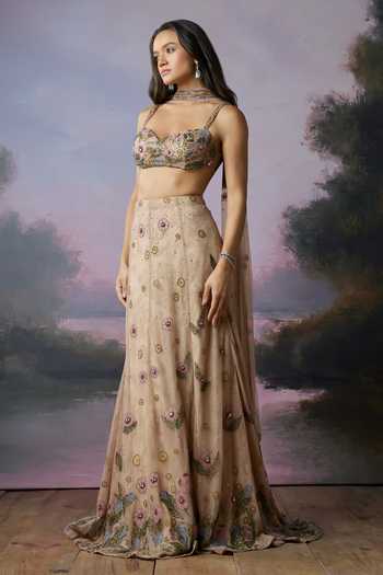 Buy_Falsa_Pink Organza, Crepe, Tulle, Chantelle Blossom Floral Applique Work Lehenga Set _Online_at_Aza_Fashions