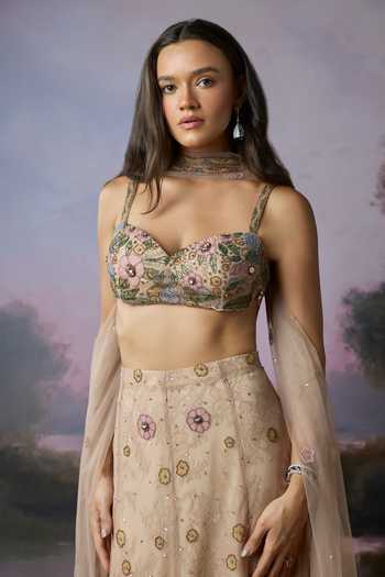 Shop_Falsa_Pink Organza, Crepe, Tulle, Chantelle Blossom Floral Applique Work Lehenga Set _Online_at_Aza_Fashions