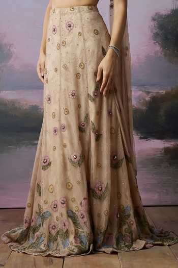 Falsa_Pink Organza, Crepe, Tulle, Chantelle Blossom Floral Applique Work Lehenga Set _at_Aza_Fashions