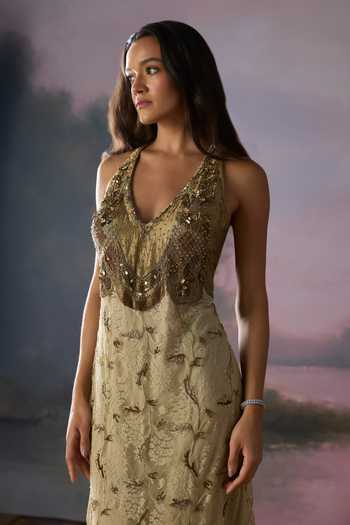 Falsa_Gold Crepe, Tissue, Velvet, Lace, Chantelle Halter Aurelia Zardozi Work Dress _Online_at_Aza_Fashions
