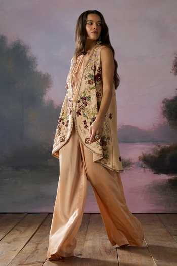 Falsa Peach Organza, Crepe, Satin, Tulle, Chantelle, Bloom Embroidered Jacket Set Online at Aza Fashions Falsa_Peach Organza, Crepe, Satin, Tulle, Chantelle, Bloom Embroidered Jacket Set _Online_at_Aza_Fashions