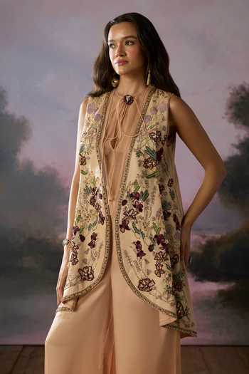 Buy Falsa Peach Organza, Crepe, Satin, Tulle, Chantelle, Bloom Embroidered Jacket Set Online at Aza Fashions Buy_Falsa_Peach Organza, Crepe, Satin, Tulle, Chantelle, Bloom Embroidered Jacket Set _Online_at_Aza_Fashions