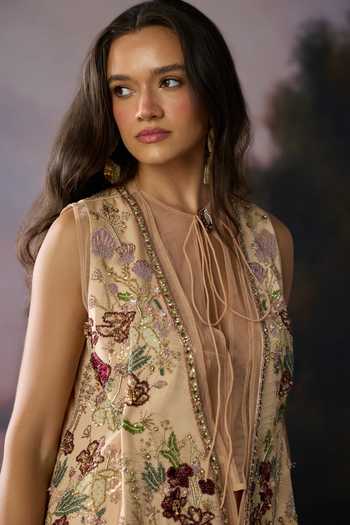 Shop Falsa Peach Organza, Crepe, Satin, Tulle, Chantelle, Bloom Embroidered Jacket Set Online at Aza Fashions Shop_Falsa_Peach Organza, Crepe, Satin, Tulle, Chantelle, Bloom Embroidered Jacket Set _Online_at_Aza_Fashions
