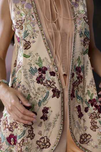 Falsa Peach Organza, Crepe, Satin, Tulle, Chantelle, Bloom Embroidered Jacket Set at Aza Fashions Falsa_Peach Organza, Crepe, Satin, Tulle, Chantelle, Bloom Embroidered Jacket Set _at_Aza_Fashions